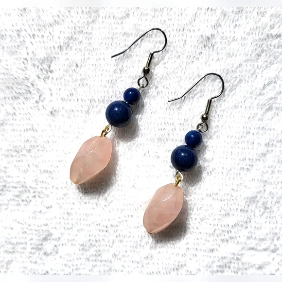 ARTISAN Milky Pink and Vibrant Blue Beaded Statement Dangle Earrings / Pierced - Picture 1 of 5